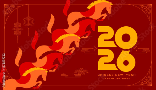 Chinese New Year 2026 ,Year of the Horse ,line art , outline , simple linear , geometric shape