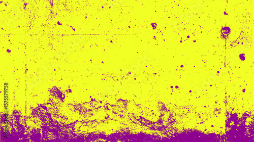 High-contrast concrete wall with distressed texture and purple splatter marks. Abstract grunge background in yellow and purple vector illustration.
