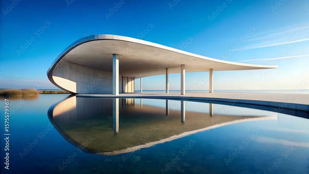 Fototapeta premium Modern Architectural Pavilion with Curved Roof Over Reflective Water Surface and Blue Sky – Contemporary Design and Tranquil Environment Concept
