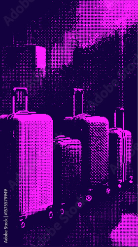 Set of suitcases with handles and wheels in a stylized pixel halftone pattern. Modern luggage vector illustration in pink and purple with abstract grainy texture.