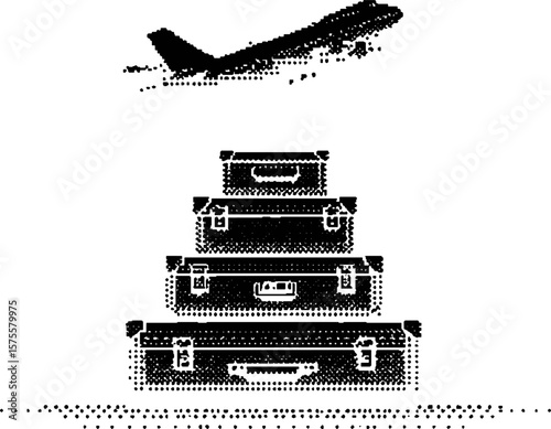 Airplane silhouette above a set of stacked suitcases in a halftone style. High contrast black and white vector illustration.