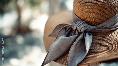 Sun hat with linen scarf tied to handle, background blurred