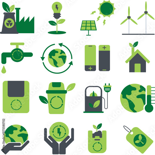 Eco Friendly icon set. Includes of environment, sustainability, nature, renewable, and More. Vector flat color collection