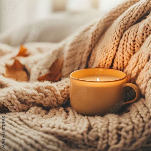 Wallpaper Mural Cozy Autumn Candle in Knit Blanket, Fall Season Torontodigital.ca