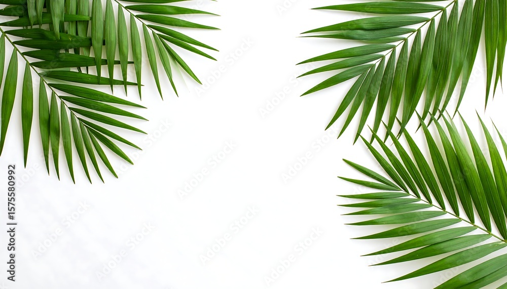 Fototapeta premium Fresh palm fronds frame a white background