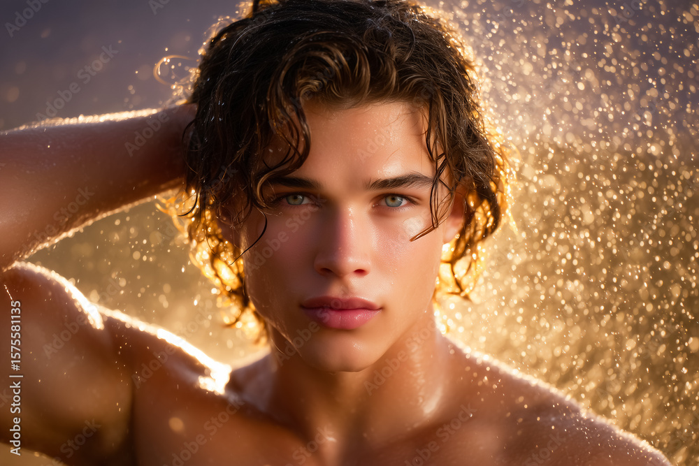 Obraz premium Young man poses with hand in hair, water droplets falling around him, creating a serene and radiant atmosphere. Bright sunlight enhances his features in a natural setting
