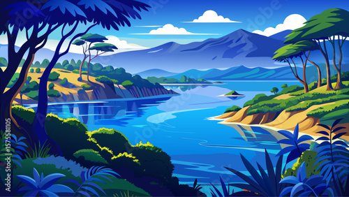 Lake Tanganyika, Tanzania/DR Congo – Deep blue lake mirrors steep forested shorelines under tropical afternoon light, ideal vector palette.