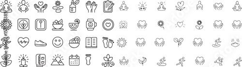 Wellness, Self-Care line icon set. Vector pictograms of mental clarity, fitness, nutrition, relaxation, meditation, mental health, stress relief, body-mind connection thin linear illustration.eps