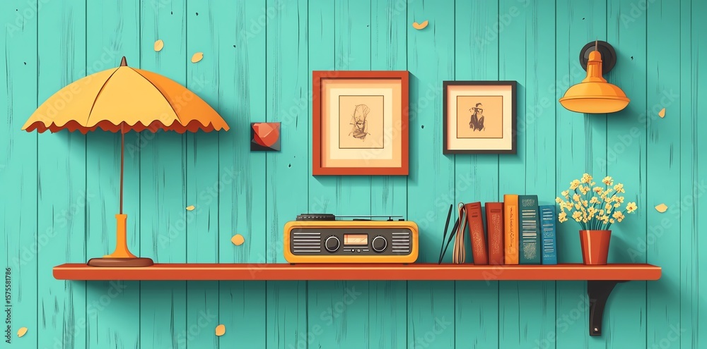 Obraz premium Decorative Wall Shelf with Vintage Radio Books and Potted Flowers in Cozy Room