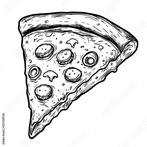 Pepperoni pizza slice, vector icons in sketch food and drinks