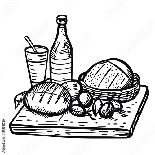 Food still life with bread, fruit, and a beverage on a cutting board, picnic, vector icons in sketch food and drinks