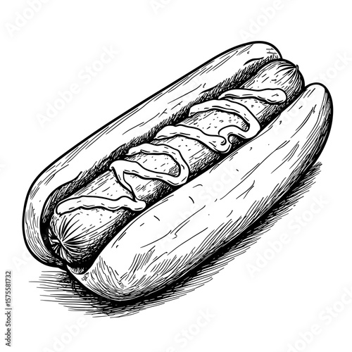 Illustration of a hot dog with mustard, vector icons in sketch food and drinks