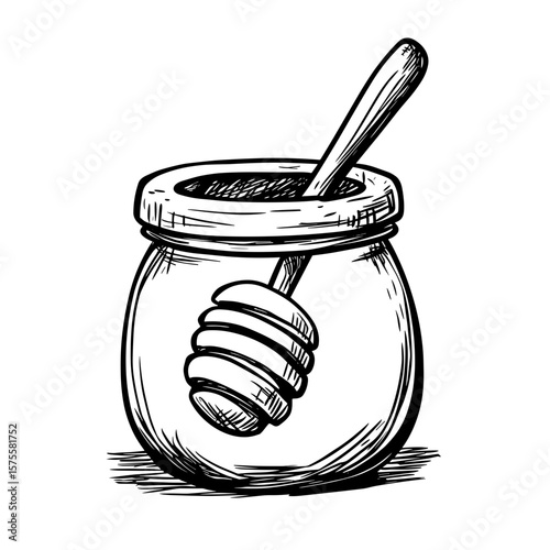Honey jar with wooden dipper in sketch style, vector icons in sketch food and drinks