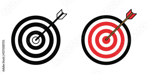 Minimalist Target Icons with Arrow Hit, Flat Vector Design for Business Goal and Achievement Illustration
