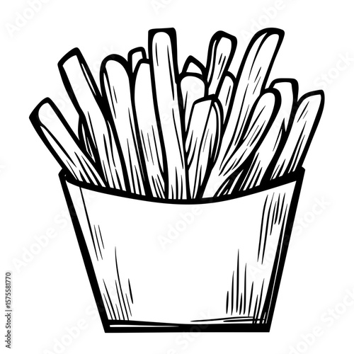 French fries in a carton, vector icons in sketch food and drinks