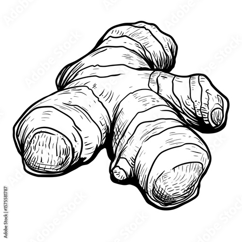 Ginger root illustration in black and white, vector icons in sketch food and drinks