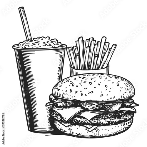 Fast food meal with burger, fries, and soda against a white background, vector icons in sketch food and drinks
