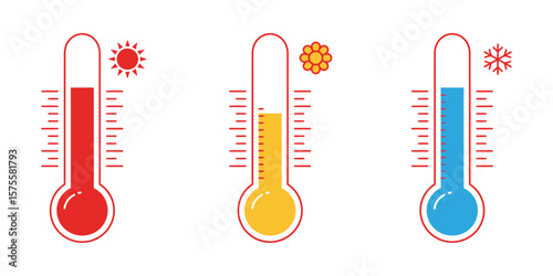 Flat Thermometer Icons with Temperature Levels and Weather Symbols, Simple Vector Design for App and Website UI