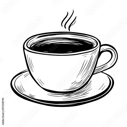 Cup of tea on saucer with steam, vector icons in sketch food and drinks