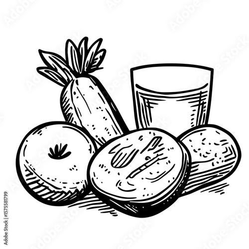 Diet food, vector icons in sketch food and drinks