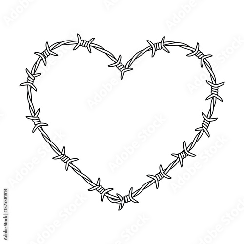 Minimalist Barbed Wire Heart Shape with Spike Frame, Line Art Style for Conceptual Illustrations