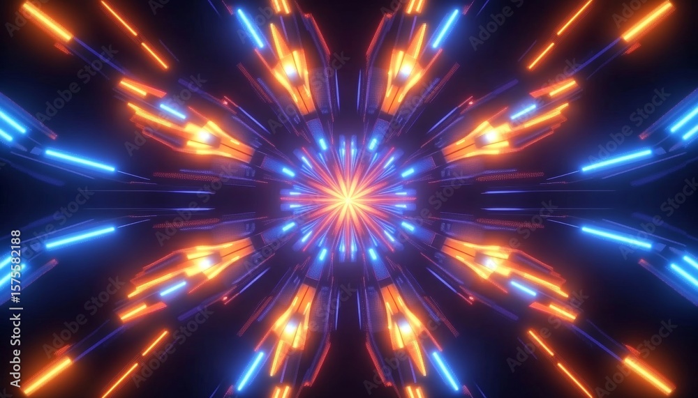 Fototapeta premium Futuristic Abstract Design with Neon Circuitry Patterns and Symmetrical Shapes on Dark Background