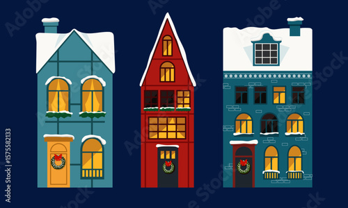 Colorful winter house illustrations with snow