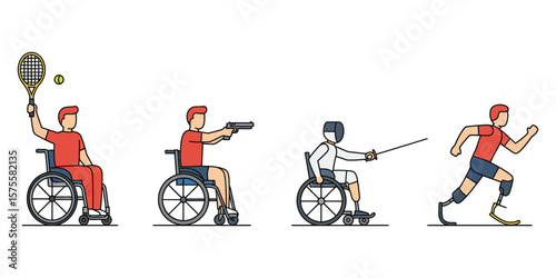 Colorful Paralympic Sports Icons with Wheelchair Athletes and Adaptive Equipment, Flat Vector for Disability and Inclusive Sport