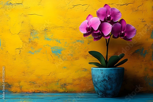 Vibrant Orchid Arrangement in Rustic Pot Against Textured Yellow Wall