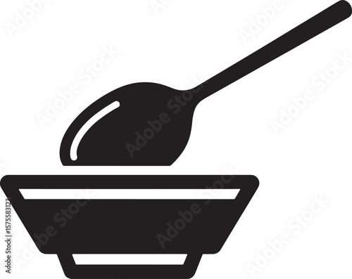 Black spoon poised over a bowl, creating a simple, elegant food icon for web design or nutritional information graphics.