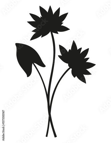 Bouquet silhouette of nymphaea flowers with leaf, black color. Bunche of blooming water wild plant, minimal style. Botanical hand-drawn elements for design projects. Vector illustration