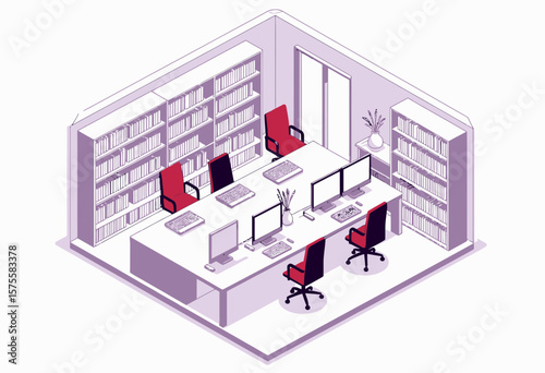 Modern office workspace with computers and bookshelves in purple hue  