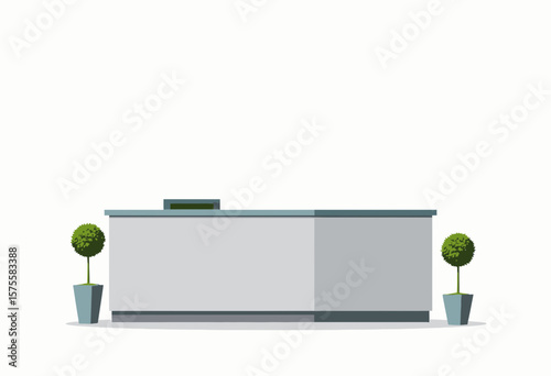 Modern reception desk with potted plants in minimalist style  