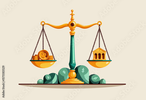 Balance scale with coins and a bank building on pale background  