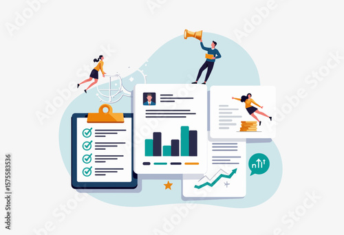 Business people engaging with productivity charts and documents  
