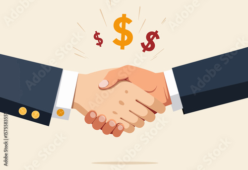 Businessmen shaking hands with dollar signs in a partnership agreement  