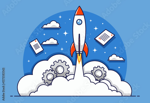 Rocket launching from clouds with gears and documents in background  