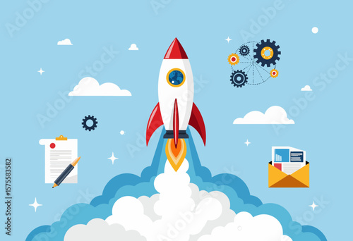 Rocket launching into space with gears and documents surrounding  