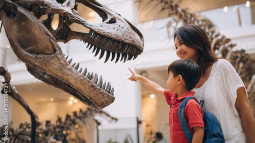 Fototapeta Naklejka Na Ścianę i Meble -  Family enjoys educational experience observing dinosaur skeleton at natural history museum