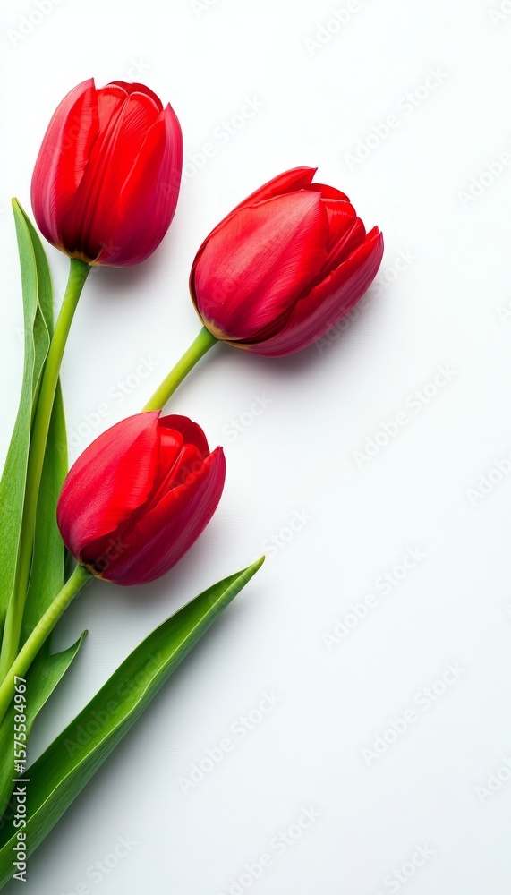 Fototapeta premium Stunning Display of Vibrant Red Tulips Against a Soft Light Background Perfect for Text Overlay Use.
