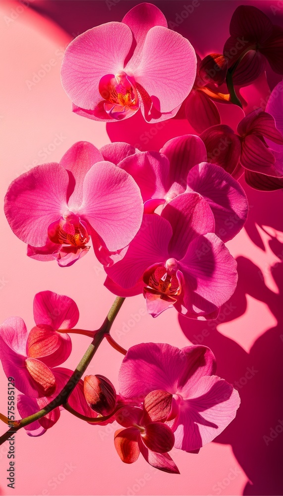 Fototapeta premium Vibrant Hot Pink Orchid Flowers in Bloom, Casting Lovely Shadows on a Soft Matching Background