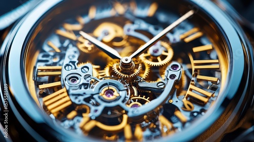 Close-up of a gold and silver skeleton watch mechanism, showcasing intricate gears and Roman numerals.