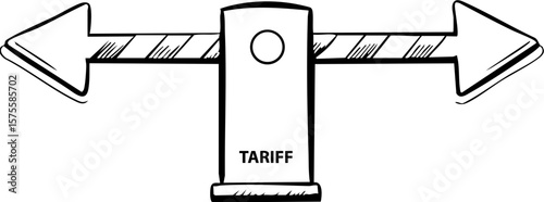 Tariff impact on business icon shows decision barrier with arrows and gate in simple sketch style