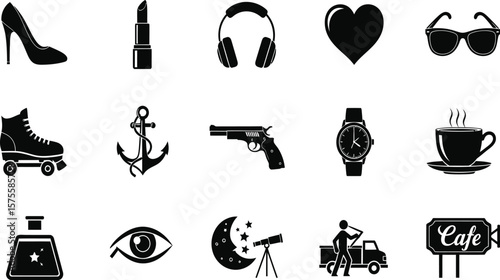 A collection of assorted black and white icons including accessories and other random objects