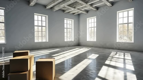 Empty room with cardboard boxes, sunlight casting shadows on light-colored floor