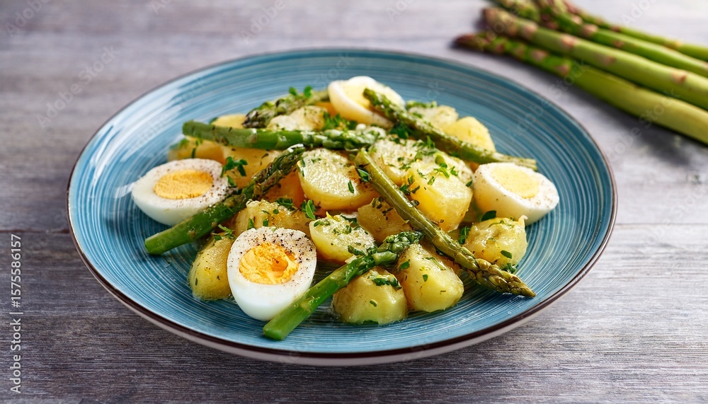 Potato sald with fresh herbs , eggs and green asparagus in a pale blue ceramic plate on gray wooden table. Generated image Potato sald with fresh herbs , eggs and green asparagus in a pale blue ceramic plate on gray wooden table. Generated image