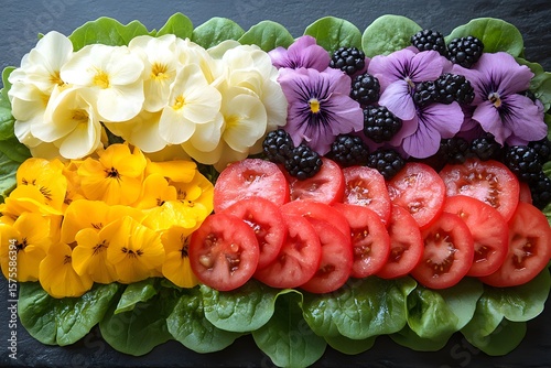Vibrant Floral and Fresh Produce Arrangement for Culinary and Design Inspiration