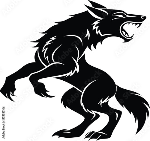 Fierce Werewolf Silhouette - Black and White Mythical Beast Graphic