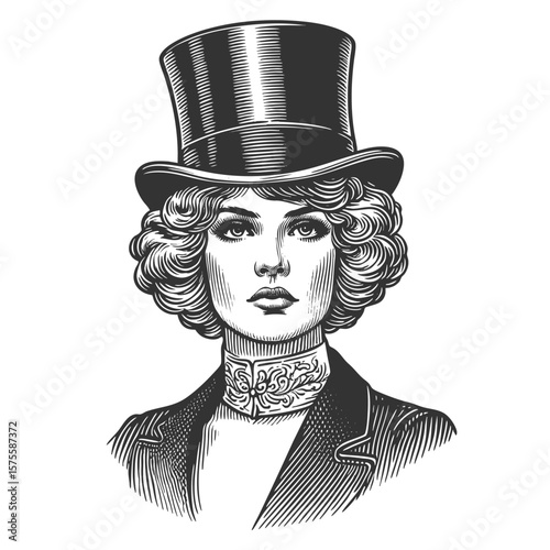 Victorian woman with curly hair, wearing a high-collared dress and tall top hat sketch engraving generative ai fictional character vector illustration. Scratch board imitation. Black and white image.