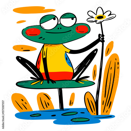 Cute frog in yellow t-shirt sitting on water lily leaf and holding flower. Summer pond animal character. Vector illustration for sticker, kid book, print